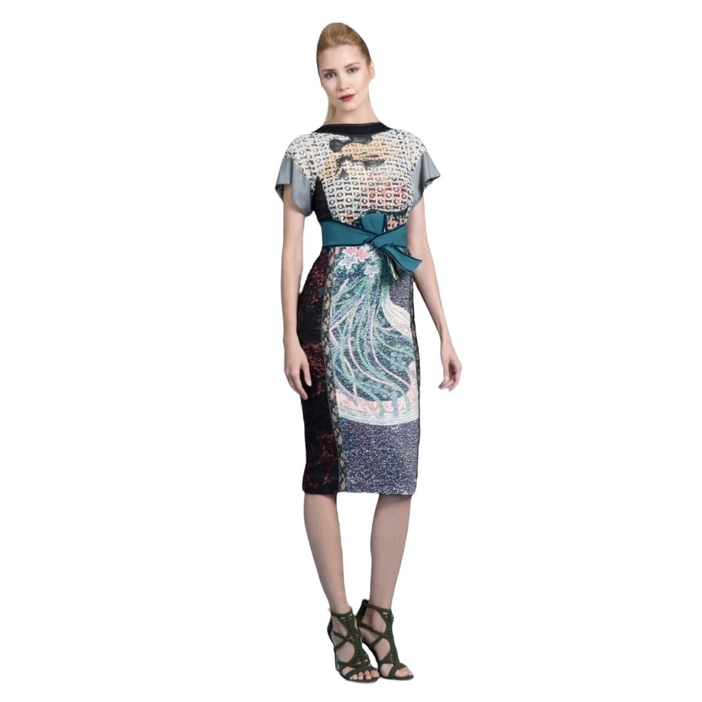 Byron Lars Dress Green Black Mystical Geisha Sequin Stretch Bodycon Sheath